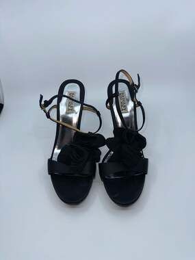 Badgley Mischka Black Ruffle Floral Embellished Platform Slingbacks